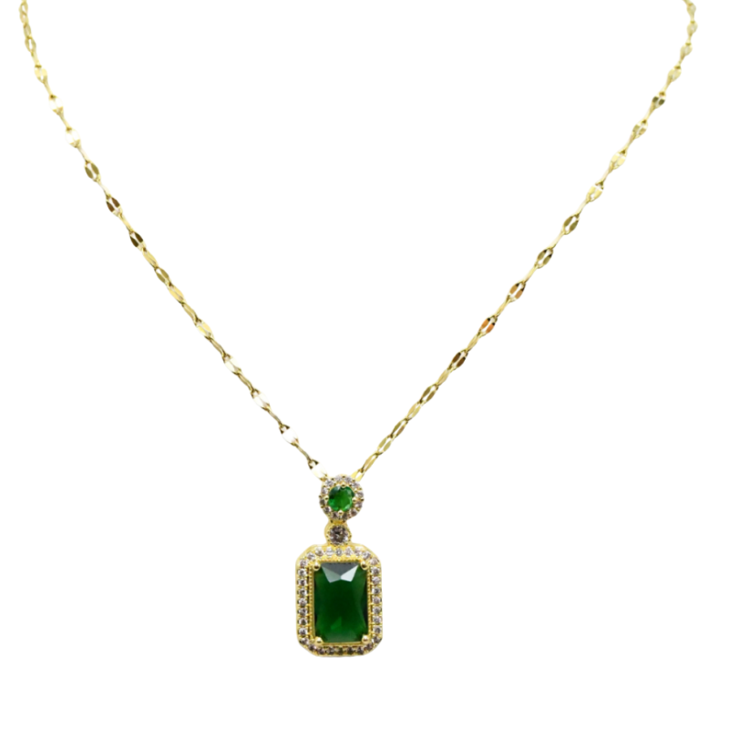 collier vert doré avec pendentif vert rectangulaire