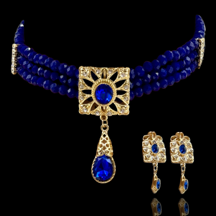 Ras du cou bleu mariage Azeyra en perles bleu roi et doré