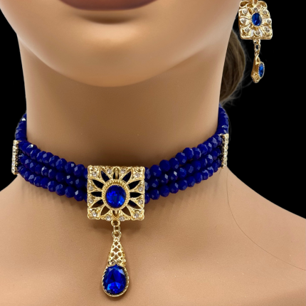 Ras du cou bleu mariage Azeyra en perles bleu roi et doré