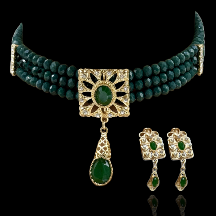 Ras du cou vert mariage Emerenya en perles émeraude et doré