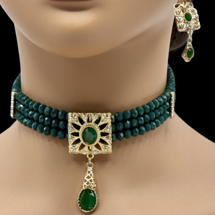 Ras du cou vert mariage Emerenya en perles émeraude et doré
