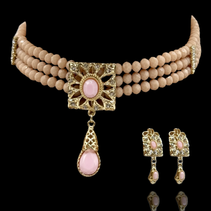 Ras du cou rose mariage festif Nirial en perles et doré avec pendentif central élégant