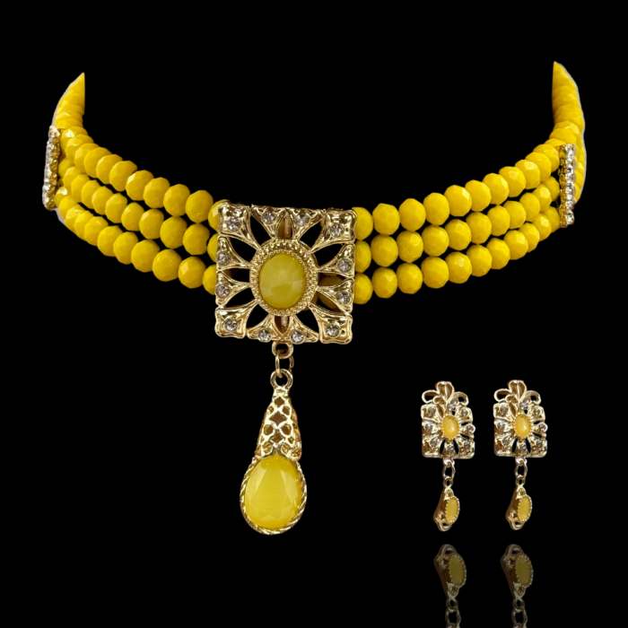 Ras du cou jaune mariage Solenya avec perles et pendentif doré