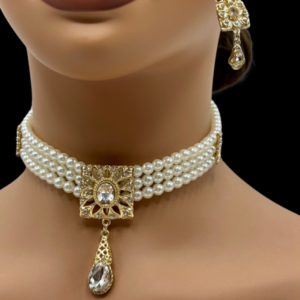 Ras du cou blanc mariage Lurelya en perles blanches et doré avec pendentif cristal